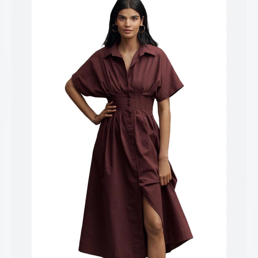 Anthropologie Exquise Tobie Shirt Dress Burgundy Button-Front Midi Shirtdress